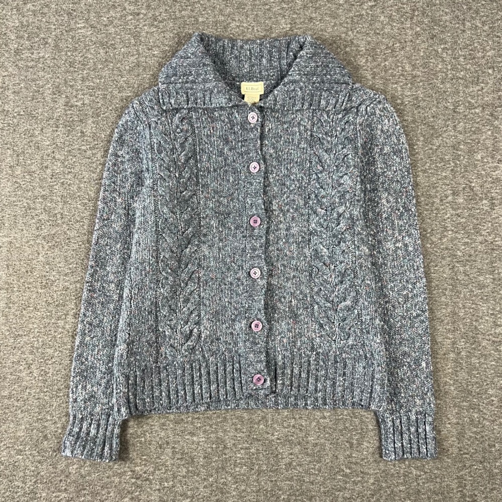 LL Bean Cable Knit Cardigan Sweater Womens Medium Blue Wool Shawl Neck Old Money